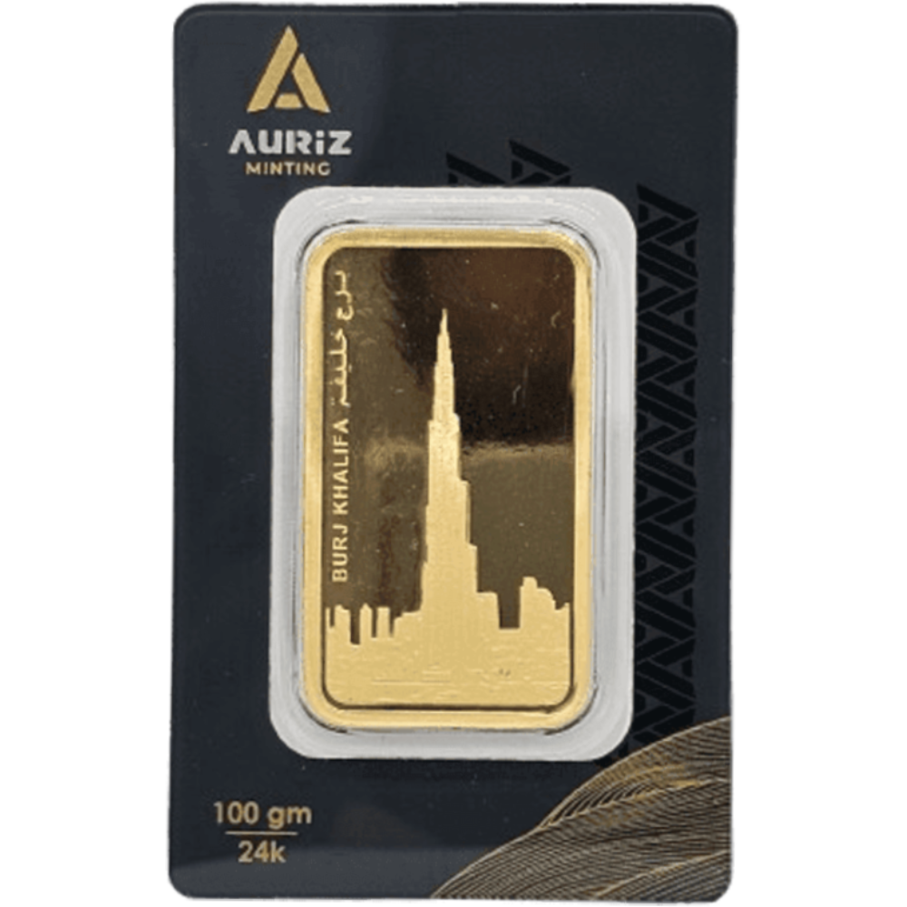 Auriz minted Gold bar 100g, 999.9 fine – made in UAE