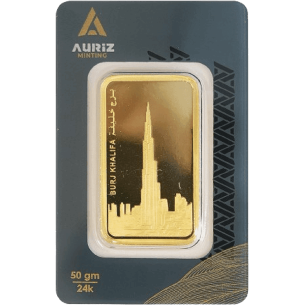 Auriz minted Gold bar 50g, 999.9 fine – made in UAE